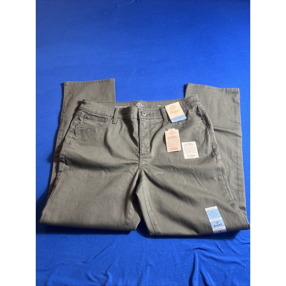 St Johns Bay Sz 12S Women's Jeans Army Green Straight Leg Stretch Mid Rise NWT